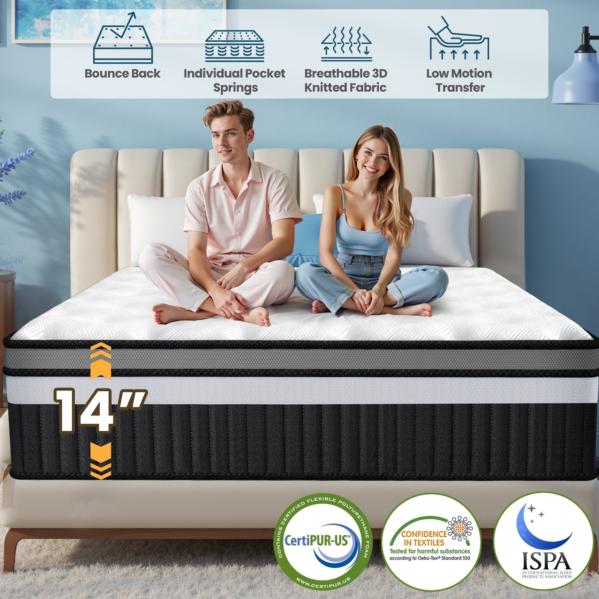 FaayFian 14" Gel Memory Foam Hybrid Mattress, King Mattress in a Box, , Breathable Fabric, Motion Isolation, and Pressure Relief, CertiPUR-US Certified, Medium Firm