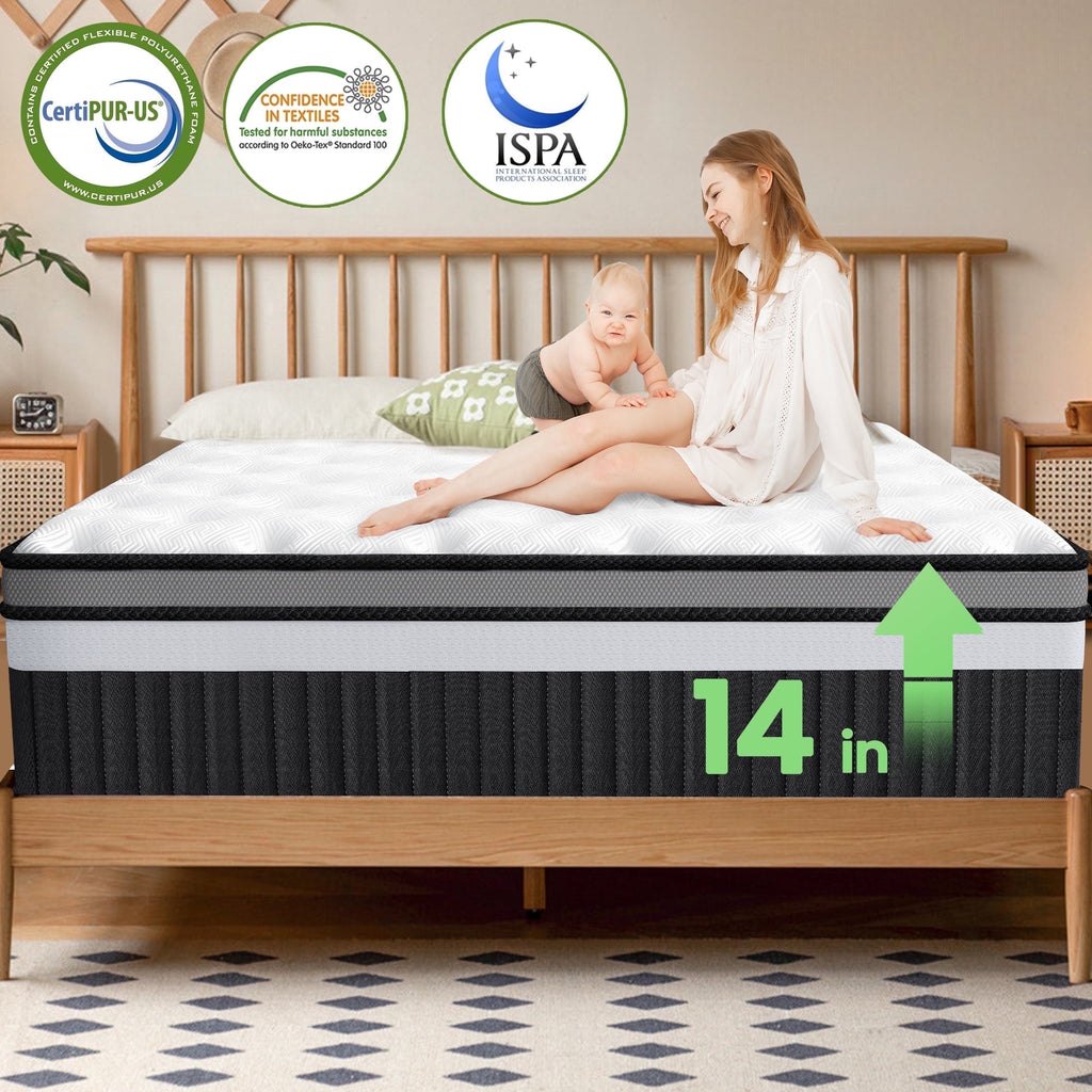 Campmoy 14 Inch King Mattress, Memory Foam Hybrid Innerspring Mattress in a Box, Silent Pocket Springs for Motion Isolation, Pressure Relief & Sleep Supportive, Medium Firm