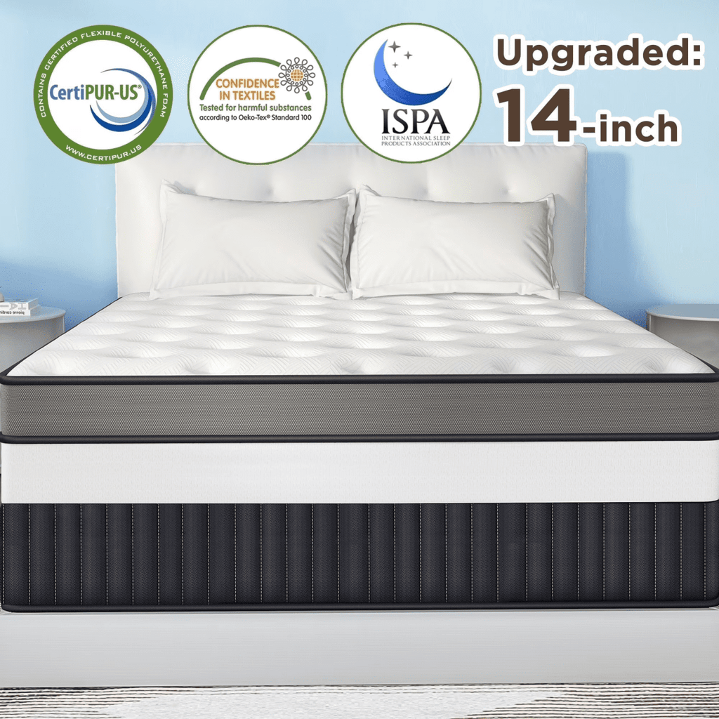 MAJUNES King Size 14 Inch Hybrid Mattress in a Box, Cooling Gel Memory Foam & Pocket Springs, Medium Firm Bed, Motion Isolation, CertiPUR-US Certified
