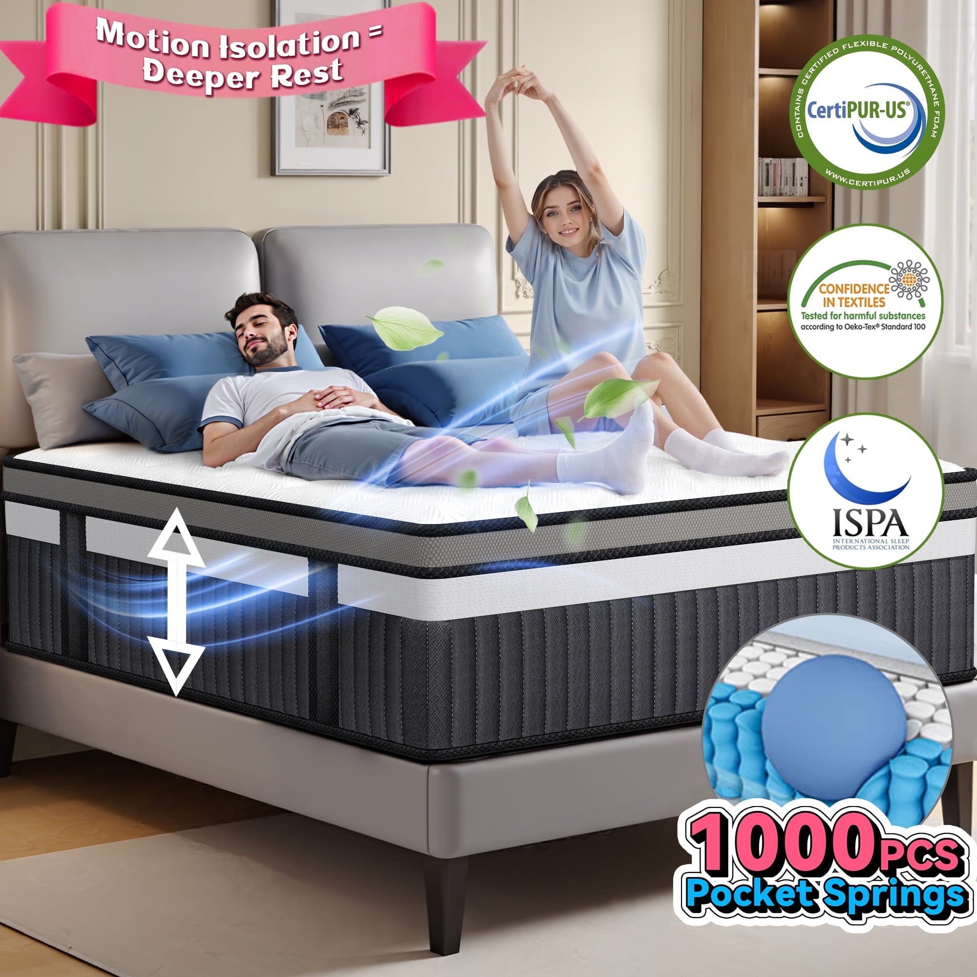 Qvamodo 14 Inch King Size Mattress, Hybrid Mattress with Memory Foam & Pocket Springs for Motion Isolation, Medium Firm Bed-in-a-Box, Motion Isolation, Cooling & Breathable