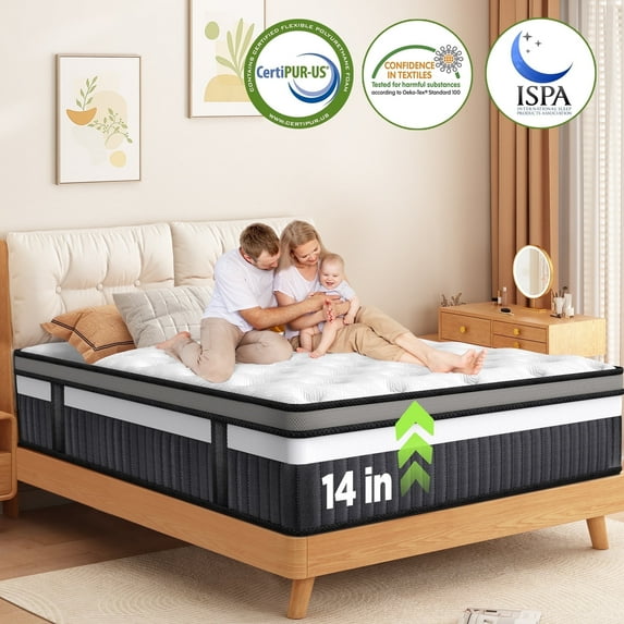 Campmoy 14 Inch King Size Memory Foam Mattress, Hybrid Innerspring Mattress in a Box, Silent Pocket Coils for Motion Isolation & Pressure Relief, Medium Firm, CertiPUR-US Certified