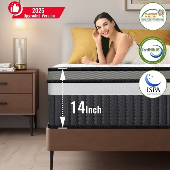 Campmoy 14 Inch Queen Mattress in a Box, Hybrid Memory Foam & Pocket Spring Mattress, Breathable Fabric, Motion Isolation, Medium Firm with Zoned Pressure Relief, Edge Support