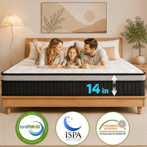 OXIBYPU 14 Inch Queen Mattress in a Box, Hybrid Queen Mattress with Cooling Memory Foam & Individually Wrapped Pocket Coils, Medium Firm Queen Size Mattress with Motion Transfer Reduction, CertiPUR-US