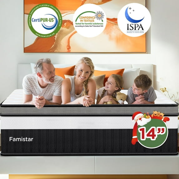 Campmoy  14 Inch Queen Mattress, Gel Memory Foam Hybrid Bed in a Box, Cooling & Breathable Fabric Design, Zoned Pressure Relief, Motion Isolation, Medium Firm Feel