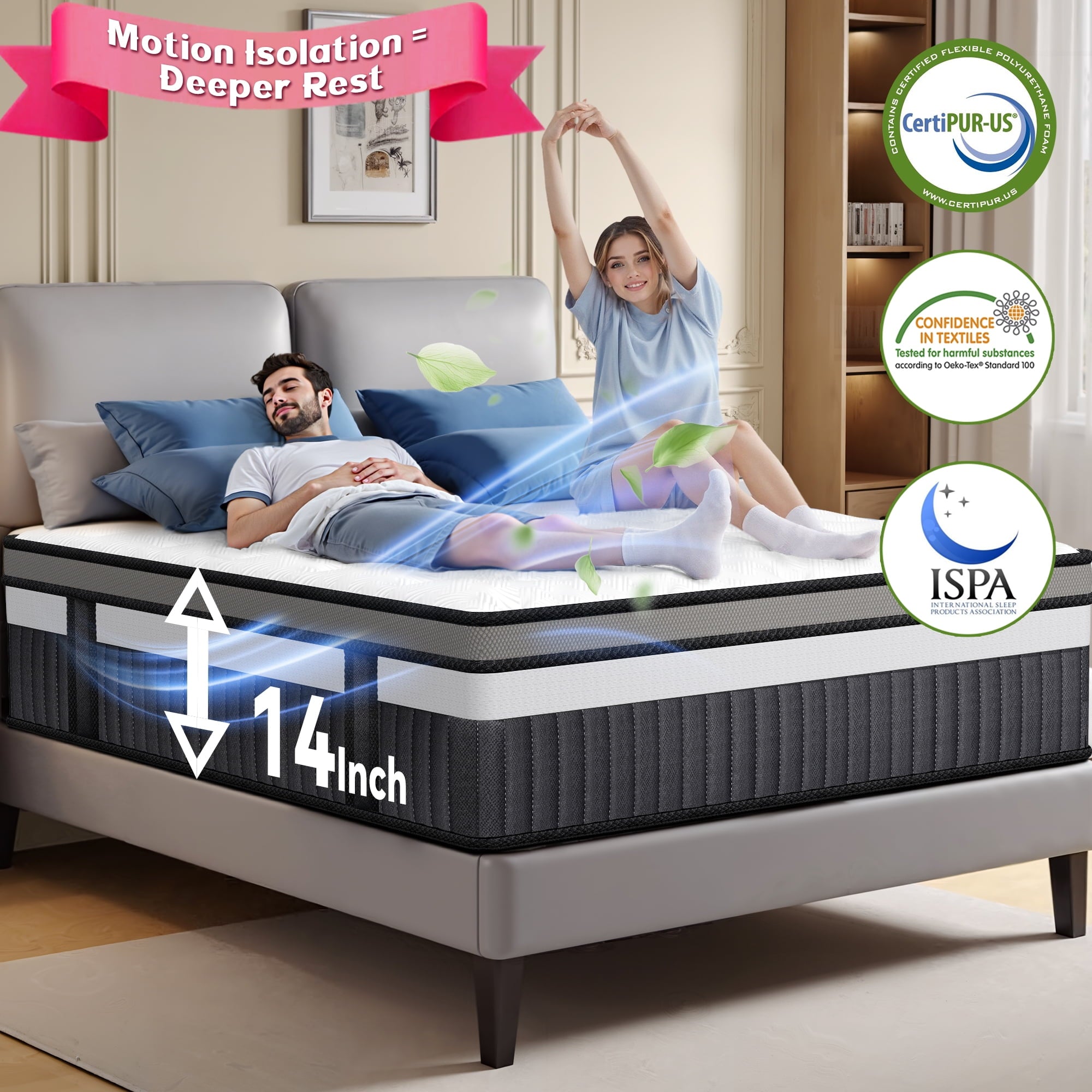 Qvamodo 14 Inch Queen Size Mattress, Hybrid Mattress with Memory Foam & Pocket Springs for Motion Isolation, Medium Firm Bed-in-a-Box, Motion Isolation, Cooling & Breathable