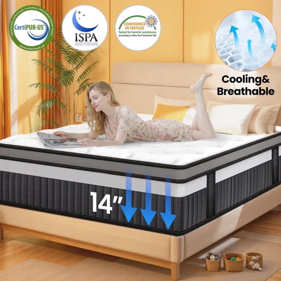 Qvamodo 14 Inch Queen Size Mattress, Memory Foam Hybrid Mattress, Cooling & Pressure Relief, Mattress Bed in a Box, Conforms to Body, Medium Firm Feel, Certified Safe Materials