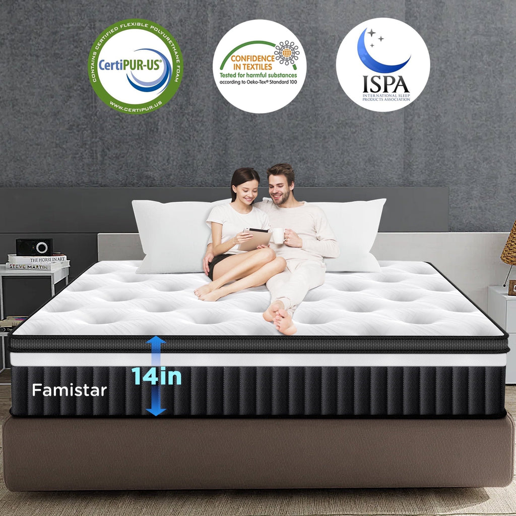 Campmoy 14 Inch King Size Mattress, Pressure Relief Hybrid Mattress w/Thicker Gel Memory Foam & Pocket Coils for Motion Isolation, 3D Breathable Cover for Reducing Odors, Medium Firm, CertiPUR-US Certified