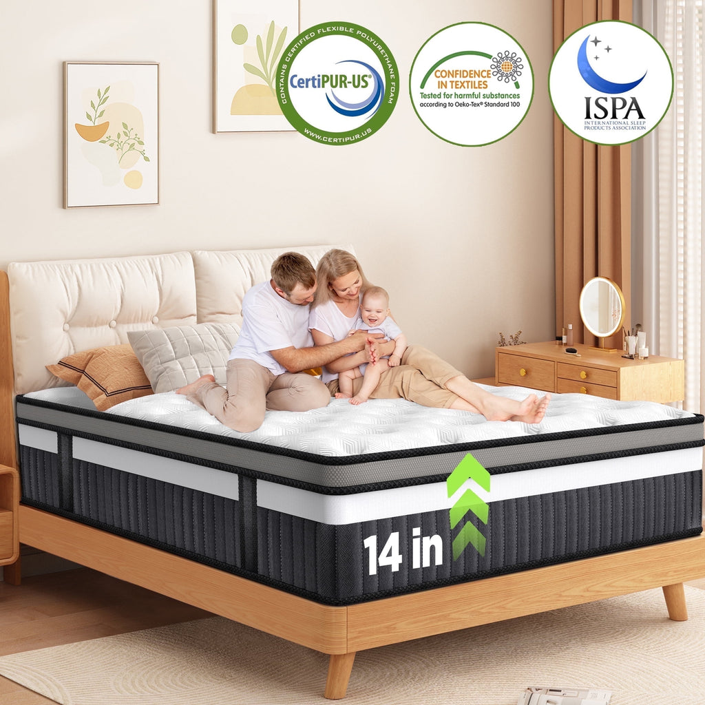 Campmoy 14 Inch Queen Size Memory Foam Mattress, Hybrid Innerspring Mattress in a Box, Silent Pocket Coils for Motion Isolation & Pressure Relief, Medium Firm, CertiPUR-US Certified