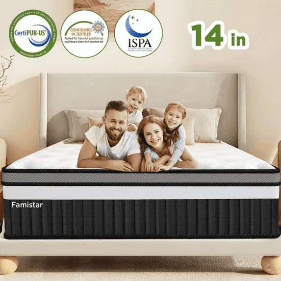 WNANEEZ 14" King Size Density Memory Foam Mattress, Independent Pocket Springs, Hypoallergenic Soft Knit Fabric, Cooling Breathable Design