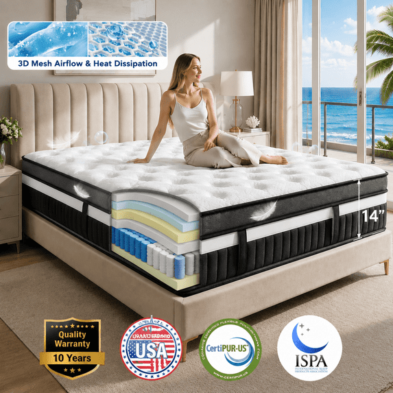 OXIBYPU 14" King Mattress in a box, Cooling Gel Memory Foam King Size Hybrid Mattress with Individual Pocket Springs, Medium Firm, Enhanced Edge Support, Motion Isolation, Comfortable Pressure Relief