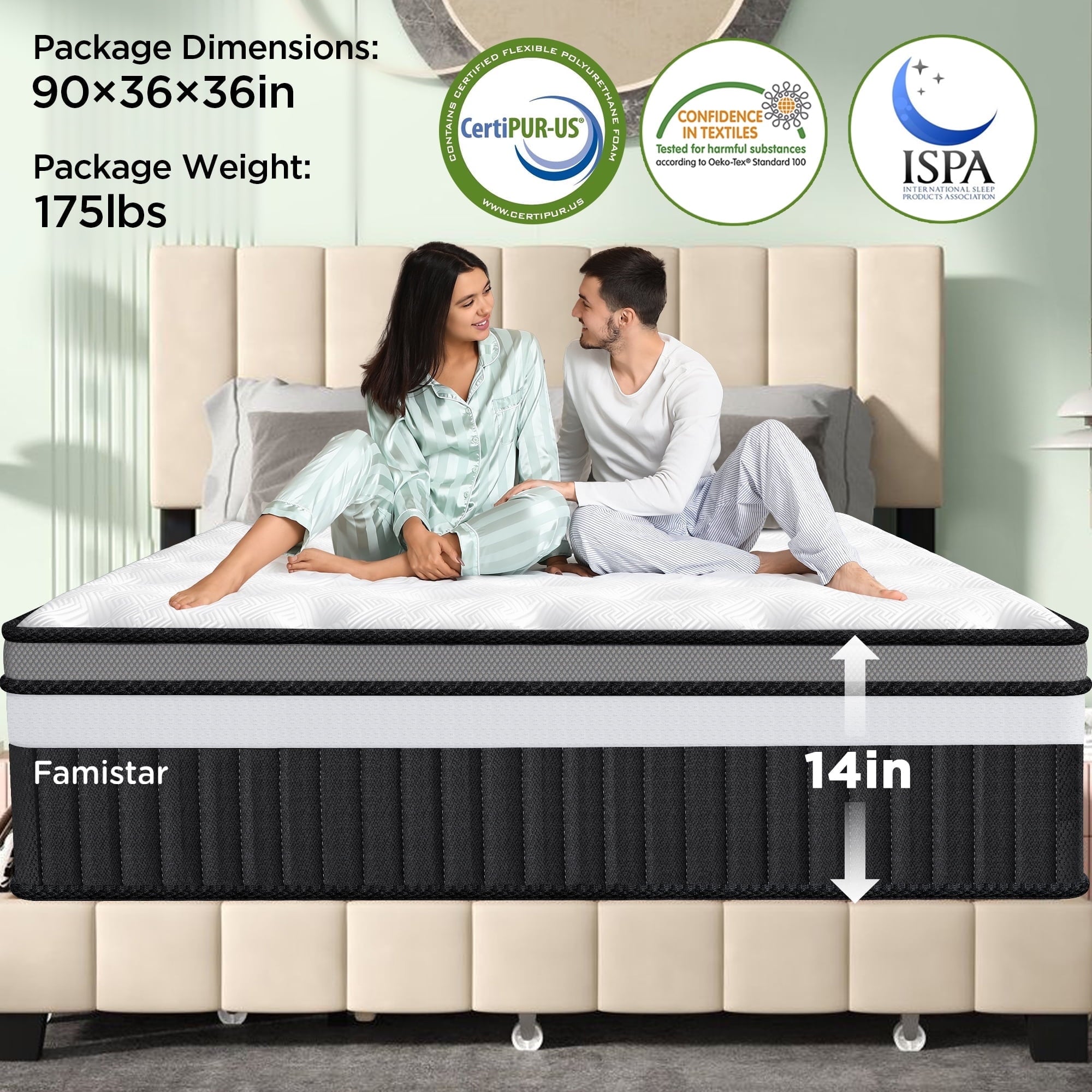14" Queen Mattress Pad, Boxed Memory Foam Mattress,CertiPUR-US Certified,Pocket Spring Hybrid Mattress, Motion Isolation & Strong Support & Pressure Relief