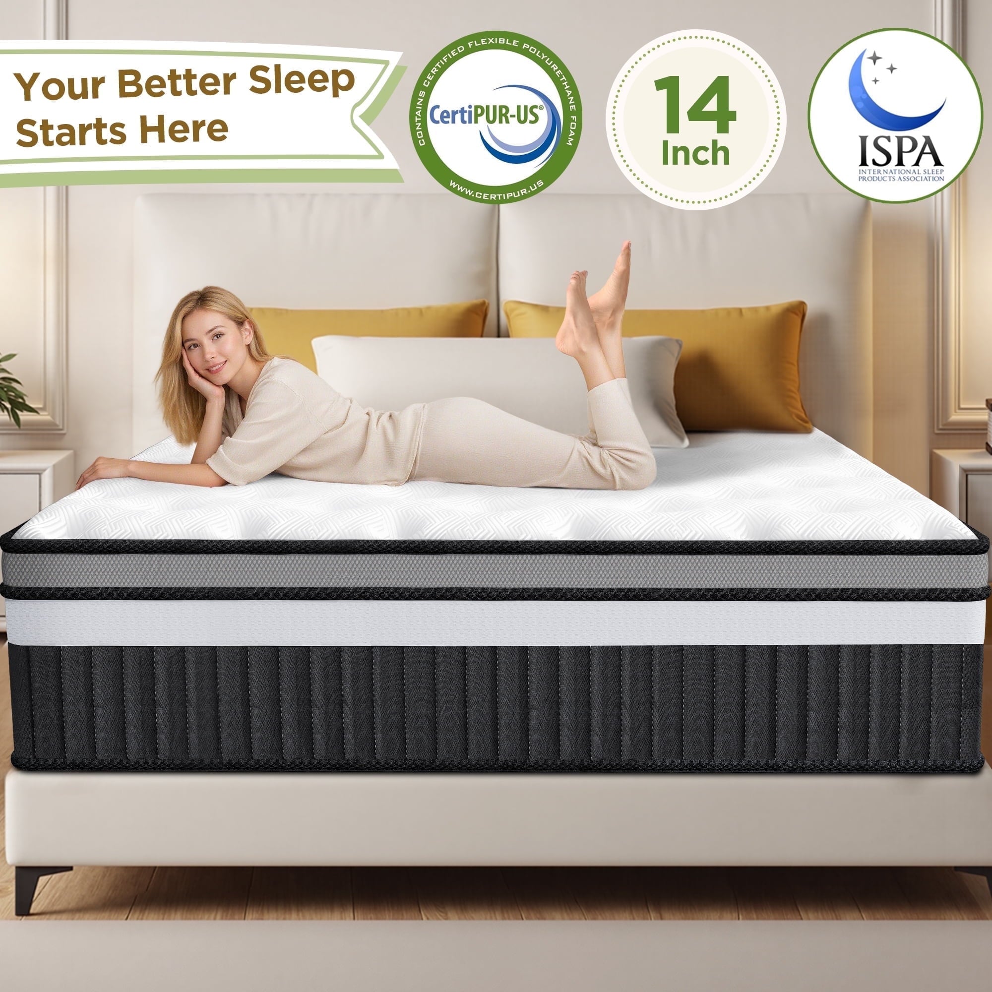 Qvamodo 14" Queen Mattress in a Box, Hybrid Memory Foam Bed – Medium Firm Feel, Cooling & Breathable Fabric, Motion Isolation, Zoned Pressure Relief