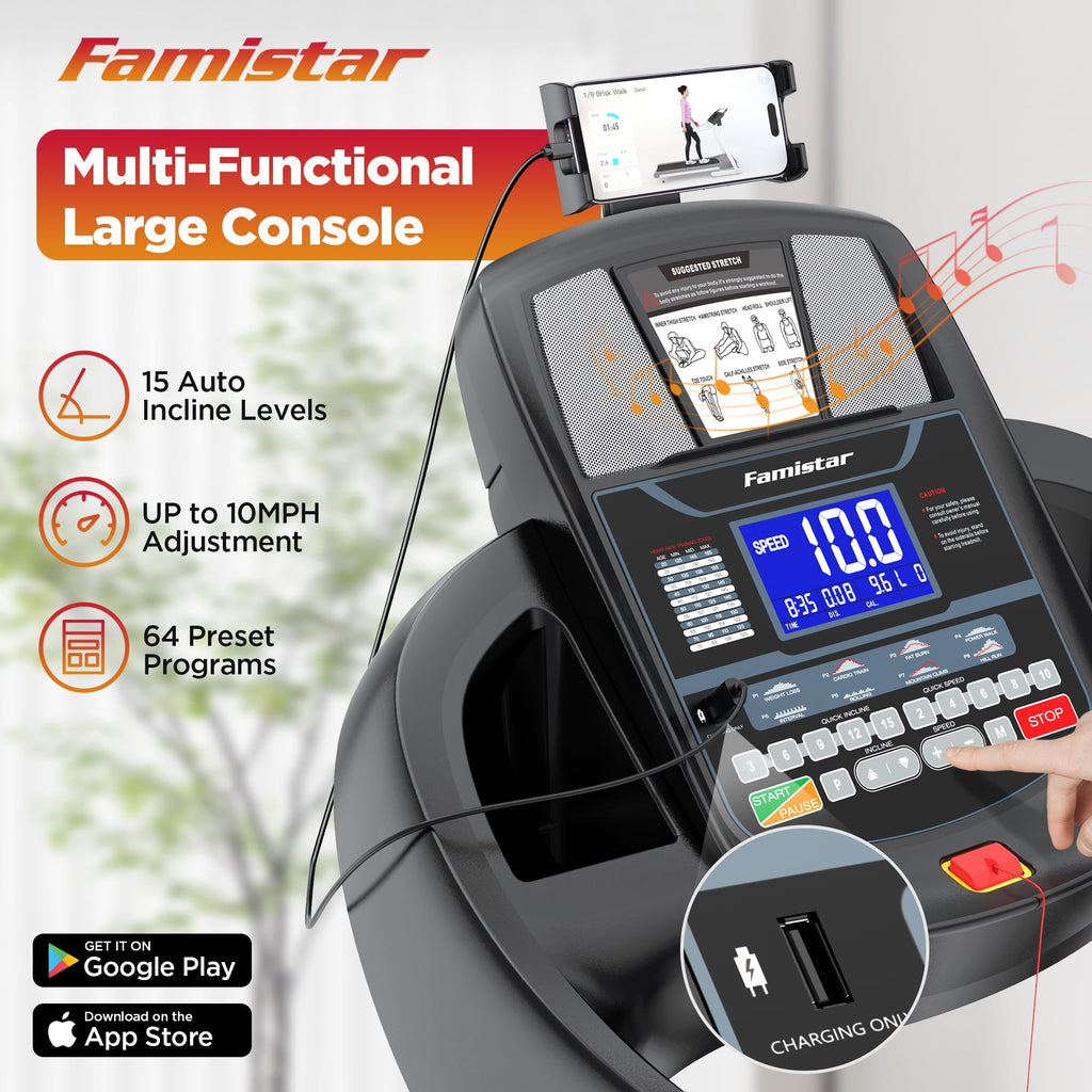Famistar 4.5HP Folding Treadmill for Home with 15 Levels Auto Incline, 300LB Capacity, 10MPH Speed Controls, App Control, New Version, Black