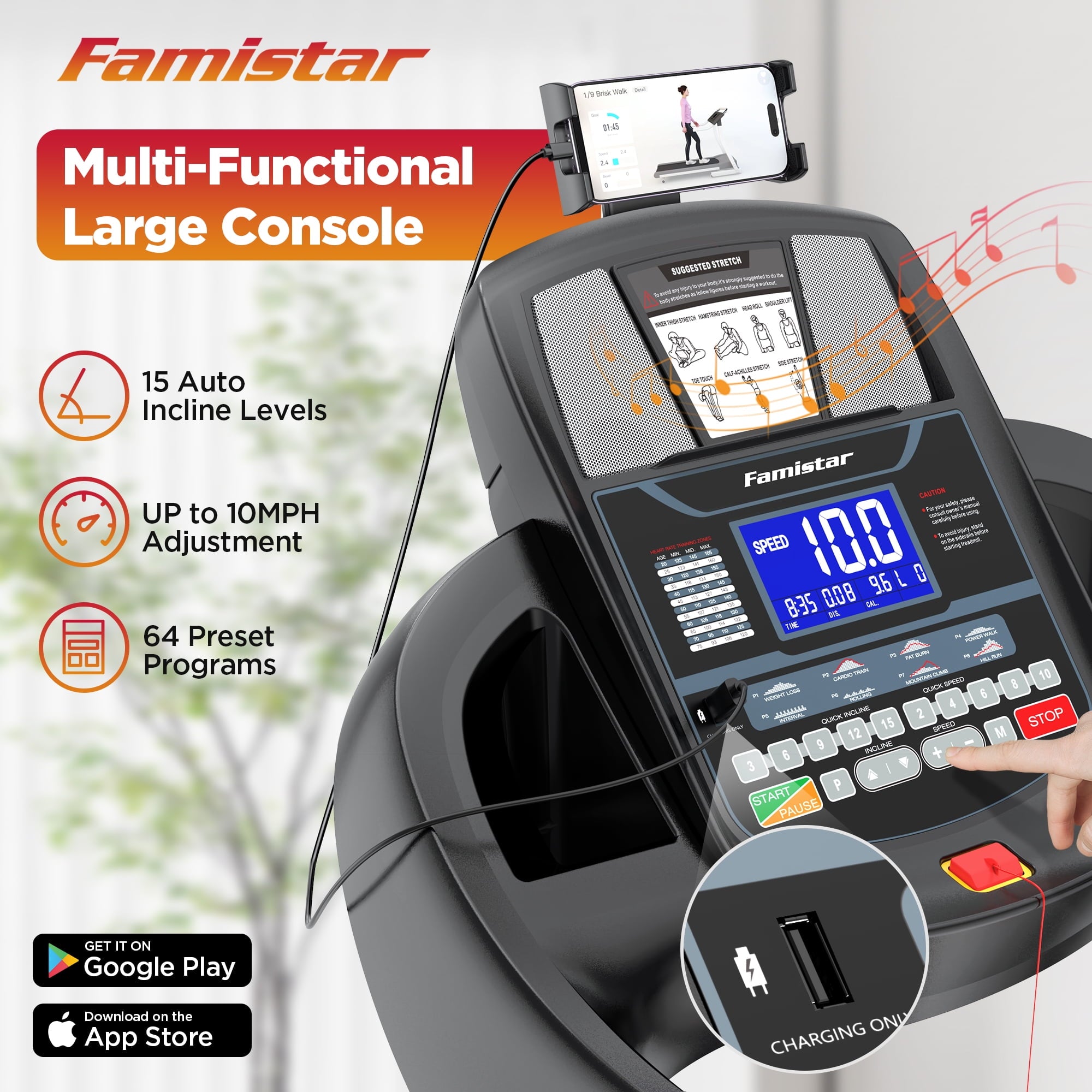 Famistar 4.5HP Folding Treadmill for Home with 15 Levels Auto Incline, 300LB Capacity, 10MPH Speed Controls, App Control, New Version, Black