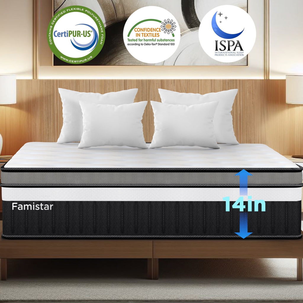 MAJUNES 14Inch Hybrid Queen Mattress In a Box, Gel Memory Foam w/ Innerspring, Medium Firm, Motion Isolation, Zoned Pressure Relief, Cooling Technology & CertiPUR-US Certified for Safe, Comfortable Sleep