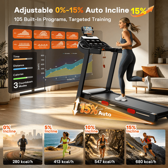 Qvamodo 3.8HP Quiet Folding Home Treadmill, 15 Level Auto Incline, 330 lbs Capacity, 9 MPH Speed Compact Running Machine for Apartment Office Daily Cardio