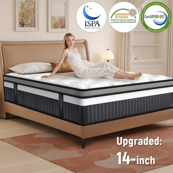 Campmoy 14inch King Size Memory Foam Mattress, Medium Firm Hybrid Mattress in a Box, Motion Isolation, Zoned Pressure Relief, Cooling & Breathable