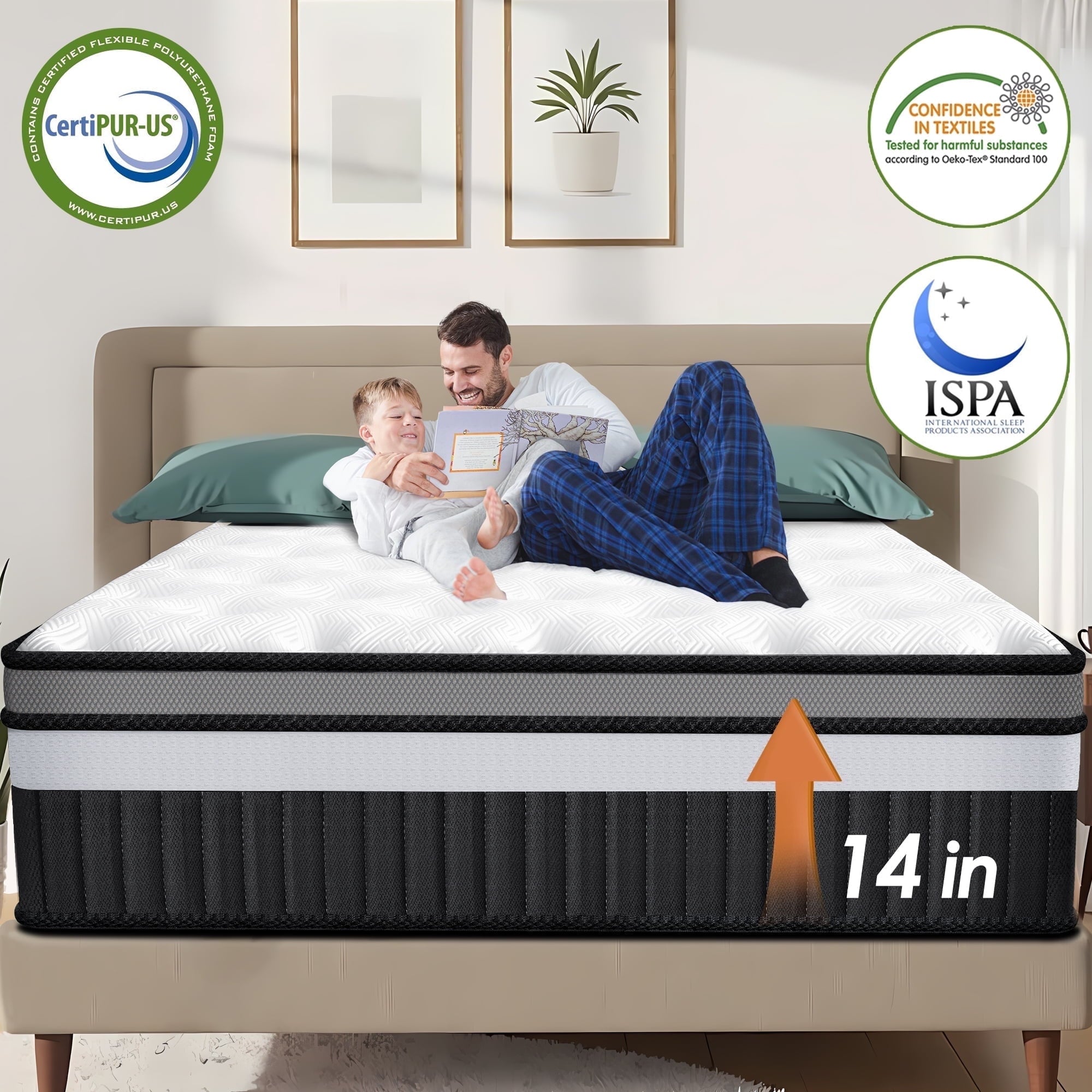 Campmoy 14 Inch Queen Mattress, Gel Memory Foam Hybrid Mattress in a Box, Pocket Spring Support with Motion Isolation & Pressure Relief, Medium Firm, CertiPUR-US
