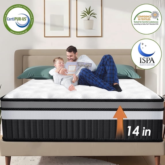 Campmoy 14 Inch Queen Mattress, Gel Memory Foam Hybrid Mattress in a Box, Pocket Spring Support with Motion Isolation & Pressure Relief, Medium Firm, CertiPUR-US