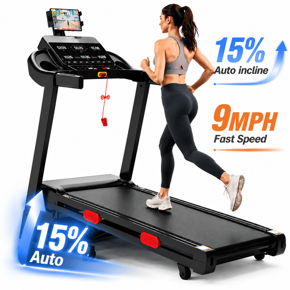 OXIBYPU 15% Auto Incline Treadmill,3.7HP Electric Treadmill for Home w/ 9MPH Speed,APP Control w/ Free Courses,300-330lbs Capacity,Folding Treadmill w/ 6 Screens,Running Walking Exercise Equipment