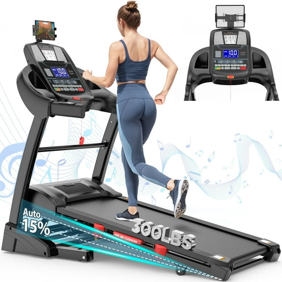 Qvamodo 15% Auto Incline Treadmill 300lbs Capacity, Treadmill for Home Use, Electric Running Machine, 0.6-10MPH, App Control,4.5HP Brushless Motor, Home&Office