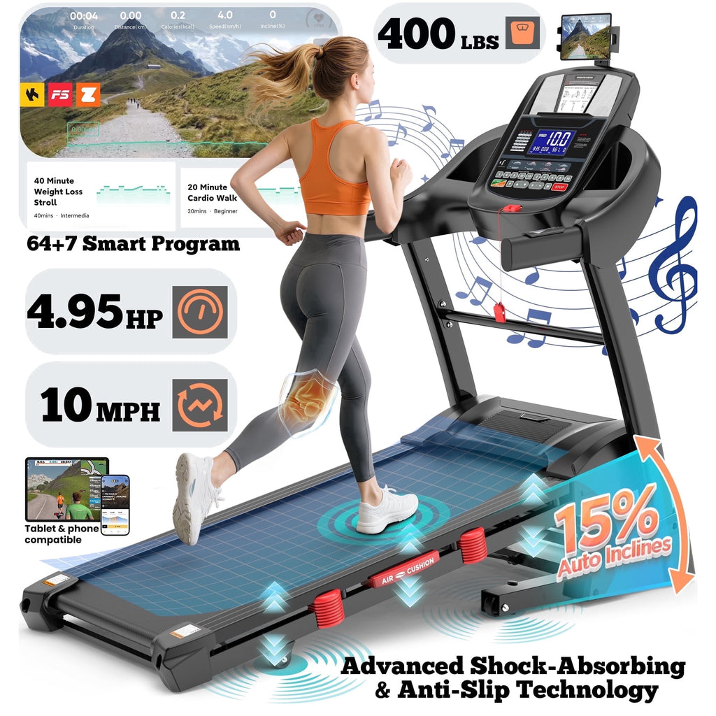 Famistar  15% Auto Incline Treadmill, 4.95HP Folding treadmill 300-400lb Capacity, 71 Smart Program, 10MPH Fast Speed, APP Control for Personalized Workout, Jogging Walking Home Treadmill w/ HiFi Speakers