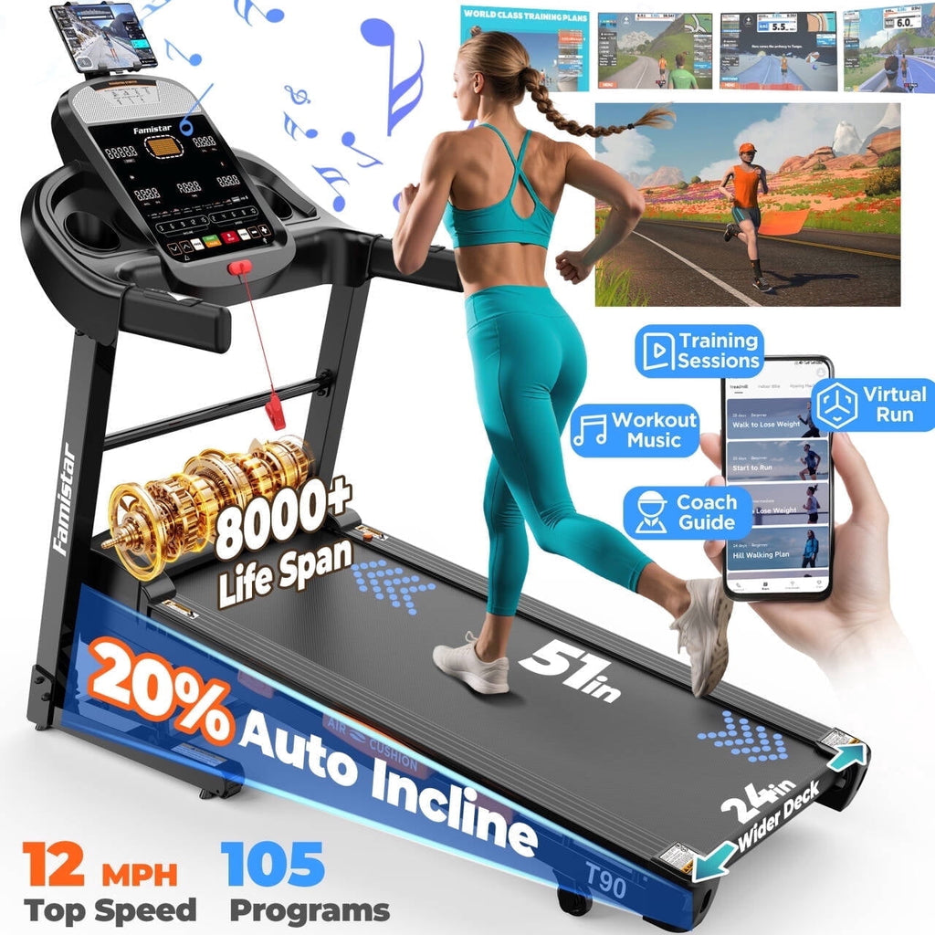 Famistar 4.75HP Folding Treadmill 300-400lb Capacity with 15% Auto Incline, 64+3+3+1 Smart Program, 10MPH Fast Speed, APP Control, Walking Running Home Treadmill