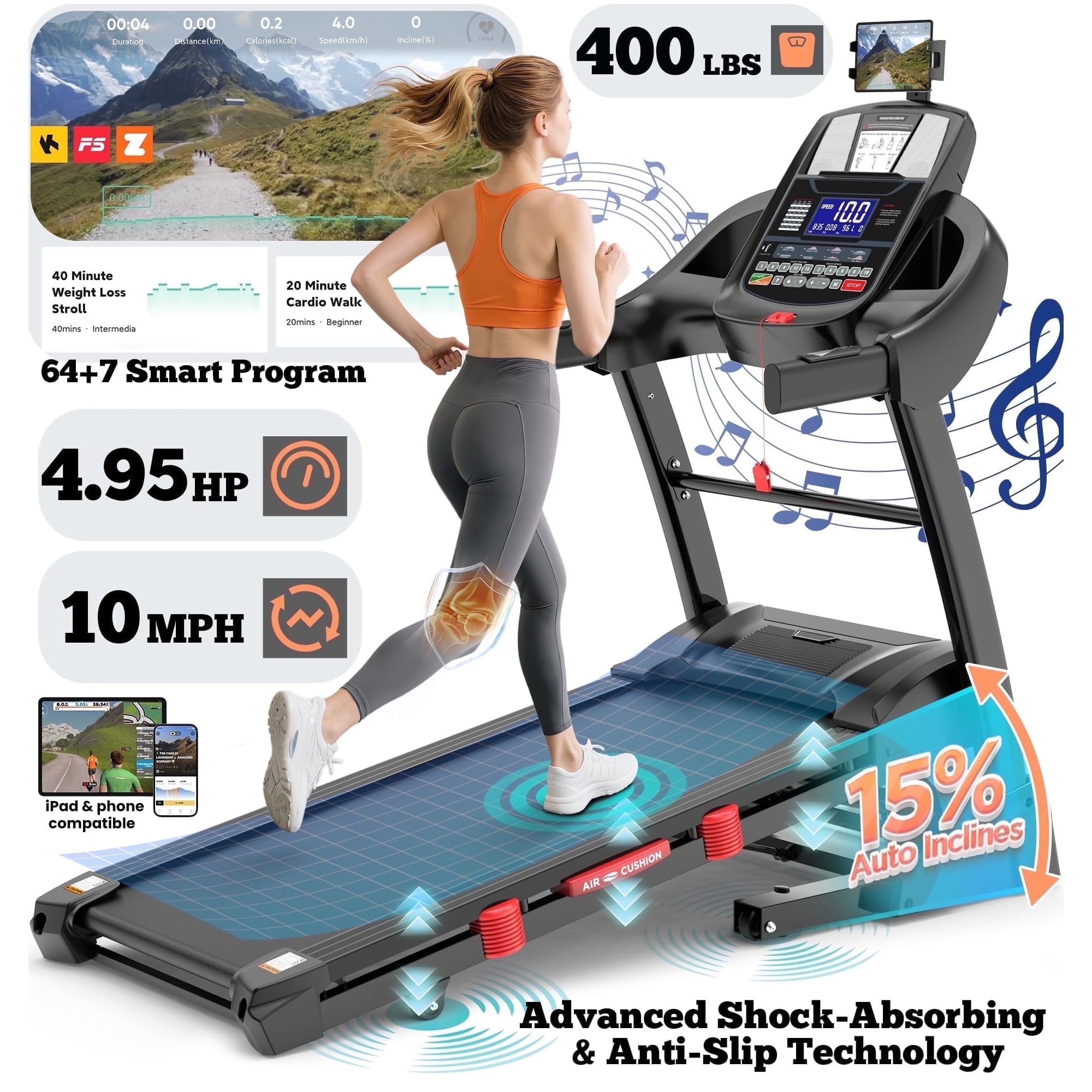 Famistar 15% Auto Incline Treadmill, 4.95HP Folding treadmill 300-400lb Capacity, 71 Smart Program, 10MPH Fast Speed, APP Control for Personalized Workout, Jogging Walking Home Treadmill w/ HiFi Speakers