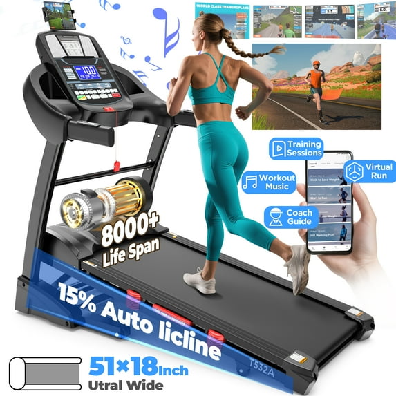 Famistar 15% Auto Incline Treadmill, 4.95HP Folding treadmill 300-400lb Capacity, 71 Smart Program, 10MPH Fast Speed, APP Control for Personalized Workout, Jogging Walking Home Treadmill w/ HiFi Speakers