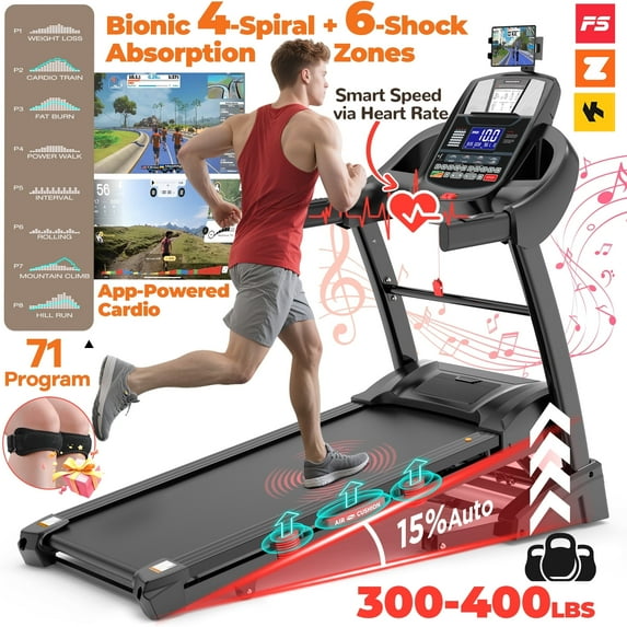 Famistar 15% Auto Incline Treadmill 5.1HP for Home, Folding Treadmill w/ 300LB Capacity, Dual HiFi Speaker, App Control w/ Virtual Running, 64+7 Programs, 6 Point Shock-absorbing Cushions, Portable Treadmill