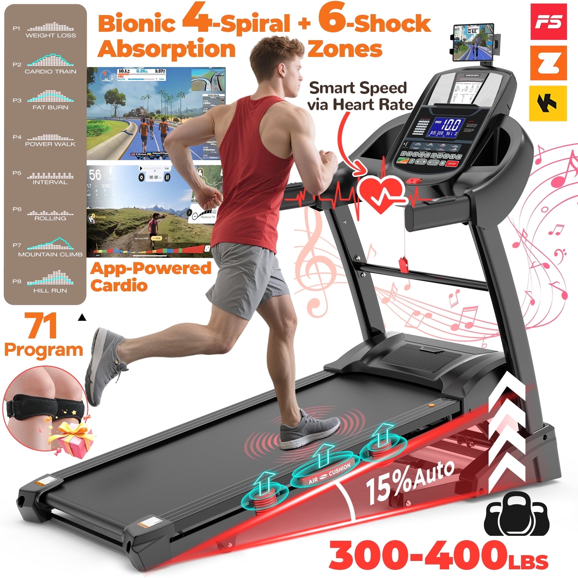 Famistar 15% Auto Incline Treadmill 5.1HP for Home, Folding Treadmill w/ 300LB Capacity, Dual HiFi Speaker, App Control w/ Virtual Running, 64+7 Programs, 6 Point Shock-absorbing Cushions, Portable Treadmill