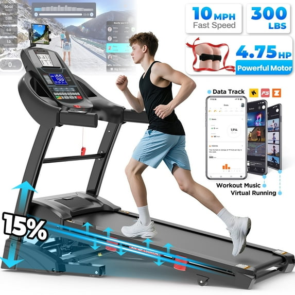 Campmoy 15% Auto Incline Treadmill 4.75HP, 300LB Treadmill for Home, Foldable Running Walking Machine w/ APP Control, 71 Programs for Varied intensity workouts, 10MPH Fast Speed, Dual HiFi Bluetooth Speakers