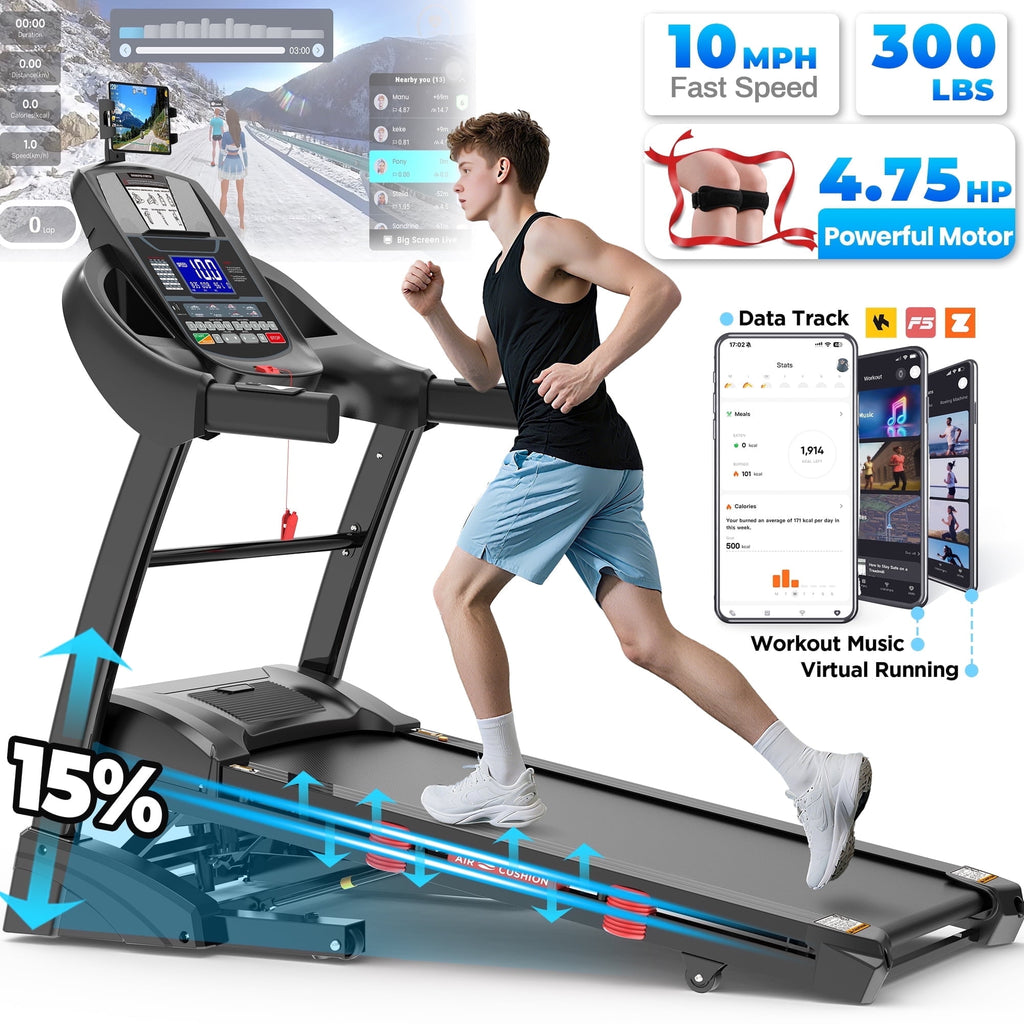 Campmoy 15% Auto Incline Treadmill 4.75HP, 300LB Treadmill for Home, Foldable Running Walking Machine w/ APP Control, 71 Programs for Varied intensity workouts, 10MPH Fast Speed, Dual HiFi Bluetooth Speakers