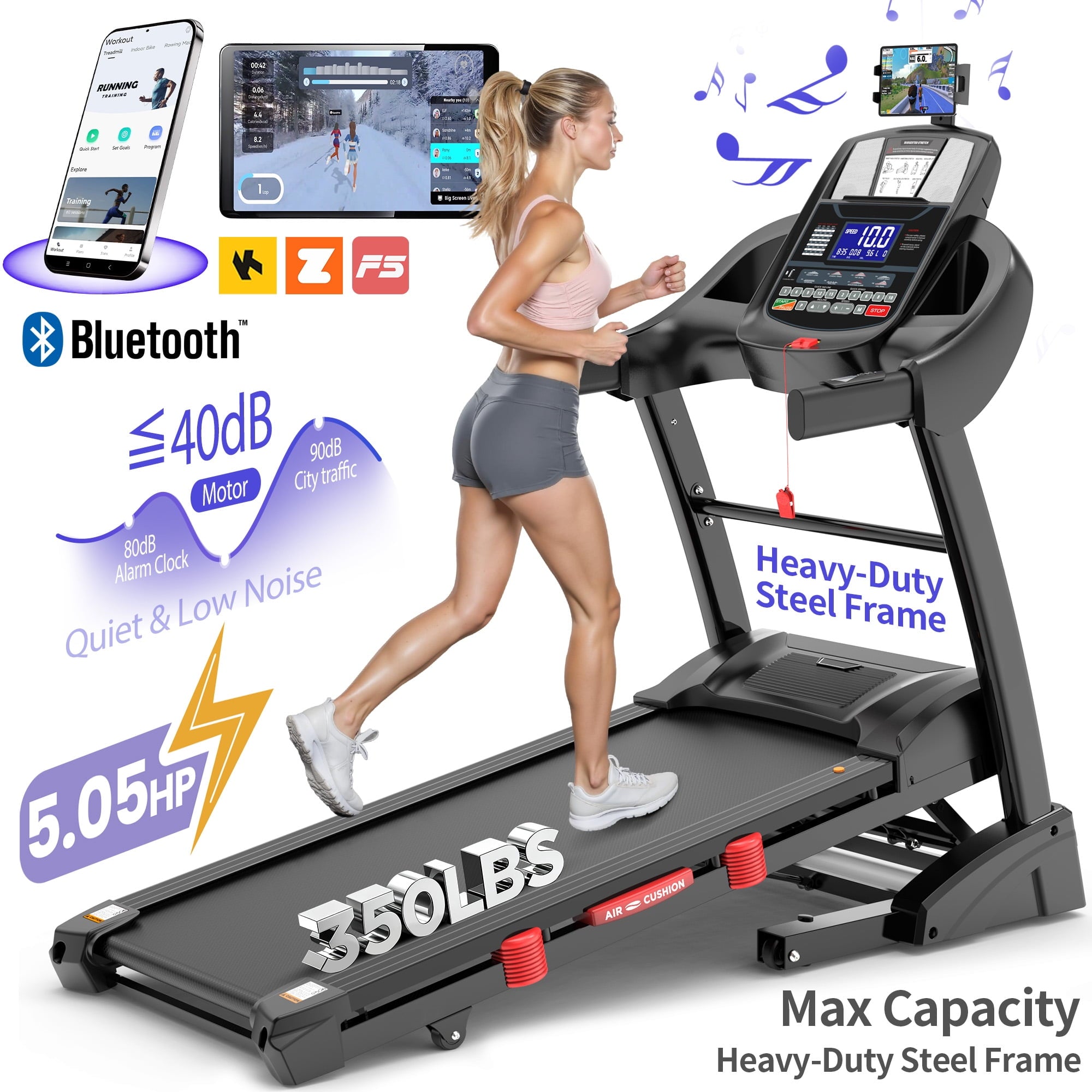 FaayFian 15 % Auto Incline Treadmill, 5.05HP Foldable Treadmill for Home 300Lbs Capacity, Interactive Workouts Via App, 64+7 Programs, Thickened Dual-layer Deck, Portable Treadmill Machine for Walking Running