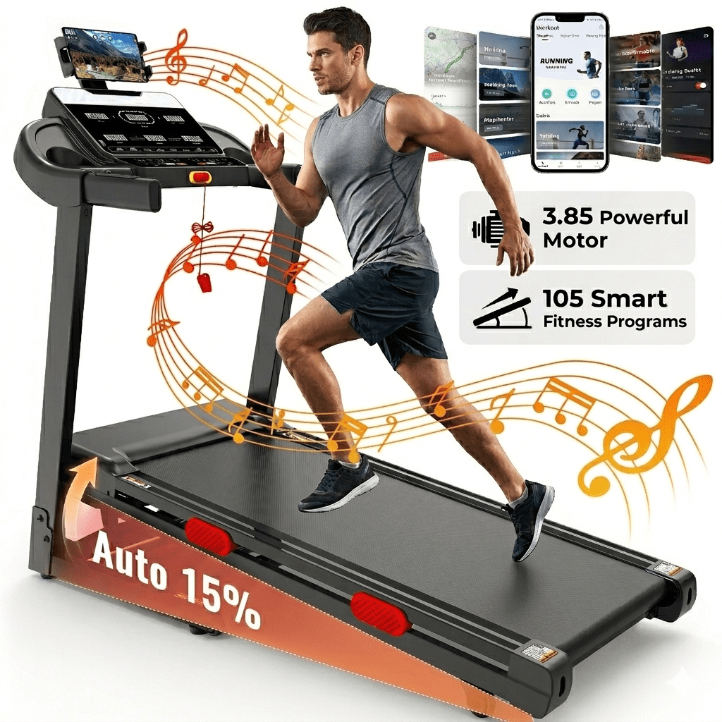 AQUGOKS 15% Auto Incline Treadmill 9MPH, 330lb Capacity, Folding Treadmill for Home w/ 3.85HP Brushless Motor, Walking Jogging Electric Treadmill, APP Control, 96+5+3+1 Programs, Portable Exercise Equipment