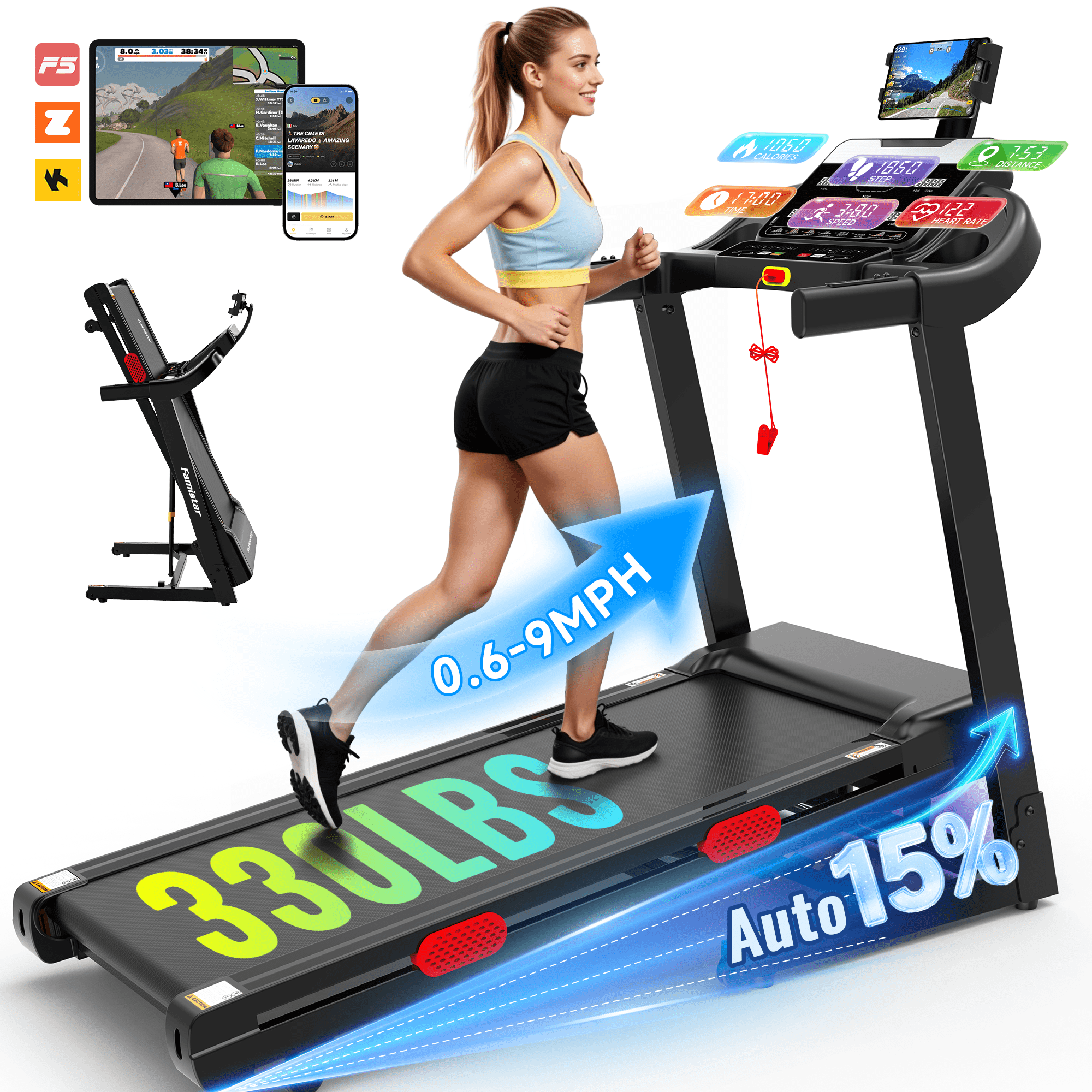 AQUGOKS 15% Auto Incline Treadmill for Home, 9MPH 3.95HP Folding Treadmill 330lb Capacity, Electric Treadmill, 96+5+3+1 Programs,6 Screens+8 Auto Modes, Dual Bluetooth Speaker, Portable Exercise Equipment