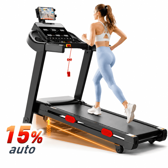 OXIBYPU 15% Auto Incline Treadmill w/ 300-330Lbs Capacity, 9MPHTreadmill for Home, 3.85HP Electric Treadmill, Foldable Exercise Equipment w/ 105 Programs,APP Connection,6 Screens, Dual Bluetooth Speaker
