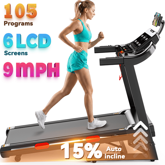 Campmoy 15% Auto Incline Treadmills for Home, 5-in-1 3.7HP Foldable Treadmill, Portable Running Treadmill with Handle & 6 LCD Screen, Walking Pad Treadmill, 105 Programs, APP Control with Immersive Running