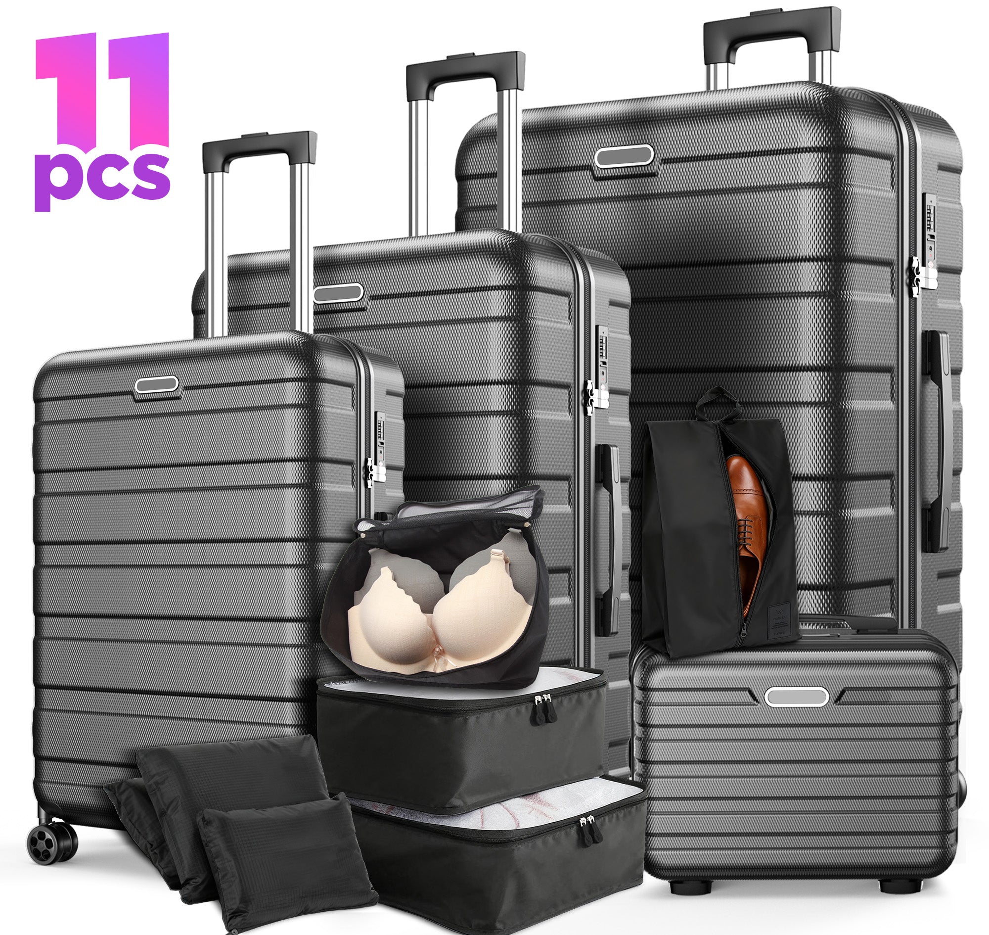 11 Piece Hardside Luggage Suitcase Set with 360° Double Spinner Wheels Integrated TSA-style Lock ABS Hardshell Luggage for Travel Trips Business