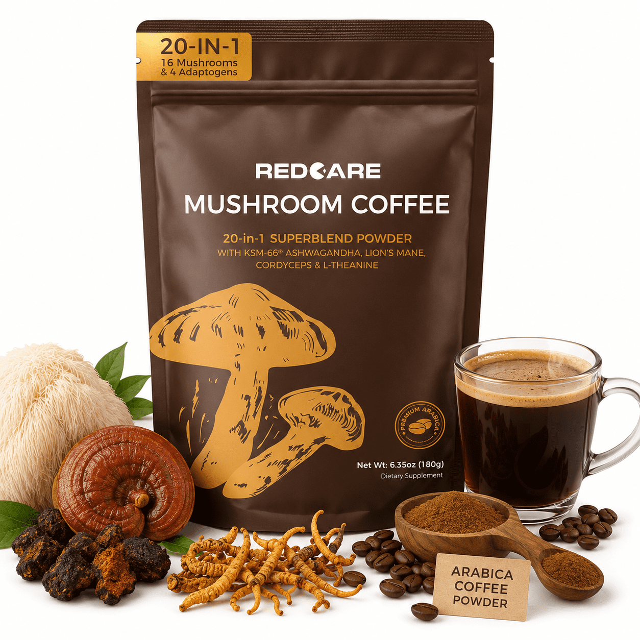 MAJUNES 16 Mushroom Coffee Blend with Arabica Coffee, Instant Low Acid Coffee Mix with Botanical Extracts and L-Theanine for Daily Wellness Support