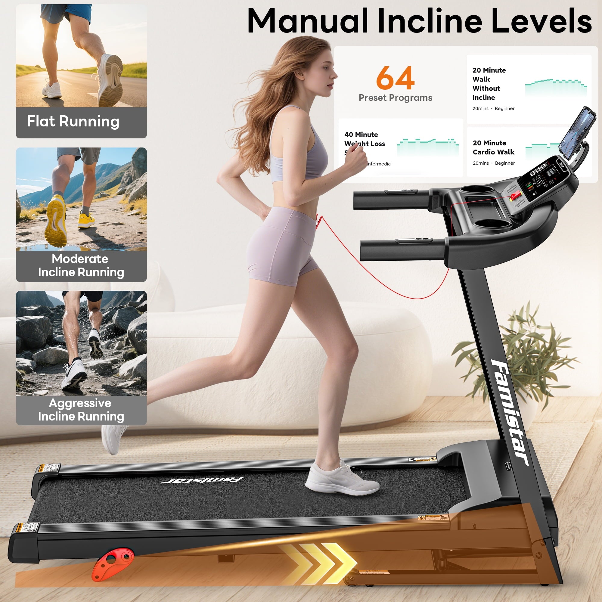 FaayFian Folding Treadmill 300lbs Capacity, 6% Incline Treadmill with App Control, Electric Treadmill for Home Use, Free Fit Course, 64+3+3+1Programs, Shock Absorption, Home&Office