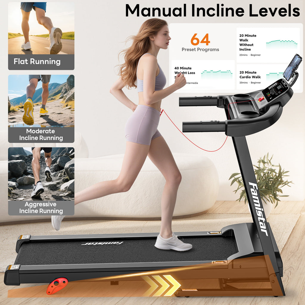 FaayFian 2.75HP Folding Treadmill for Home, Treadmill with 300lbs Capacity, Treadmill with incline, 0.6-7.5MPH, 64+3+3+1 Programs