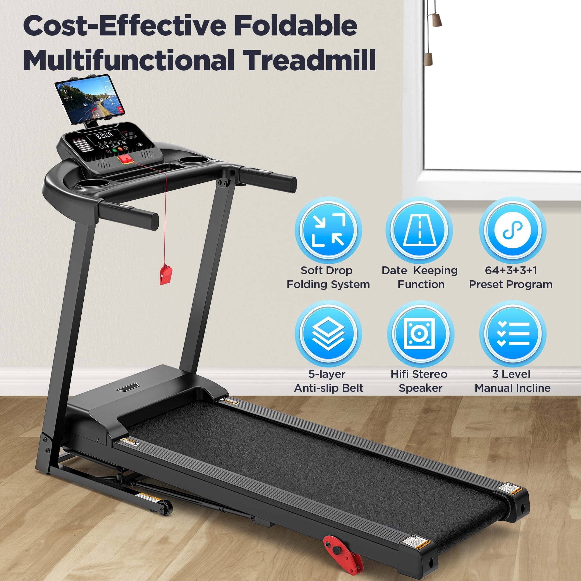 Famistar 3.7HP Folding Treadmill for Home w/ APP Control, 300lbs Capacity, Adjustable Incline, 64+7 Programs, Bluetooth Speakers, Electric Treadmill Running Machine, Knee Strap Gift