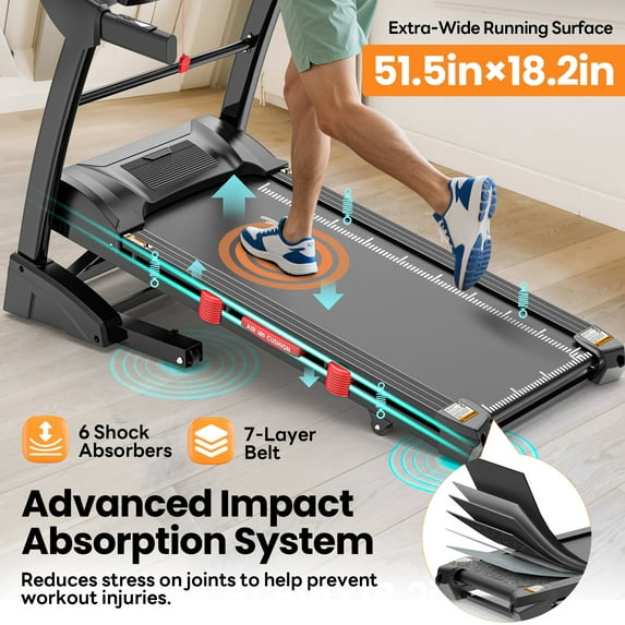 Campmoy 15% Auto Incline Treadmill, 4.95HP Folding treadmill 300-400lb Capacity, 71 Smart Program, 10MPH Fast Speed, APP Control for Personalized Workout, Jogging Walking Home Treadmill w/ HiFi Speakers
