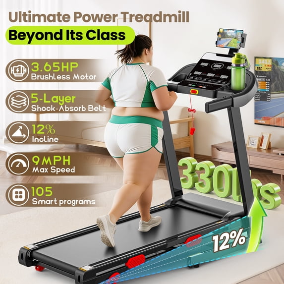 Campmoy 3.65HP 9MPH Treadmill for Home, 330LBS Capacity, Folding Treadmill w/ Incline & 105 Programs, Virtual Run with APP Control, Air damping System, Portable Exercise Equipment for Jogging Walking