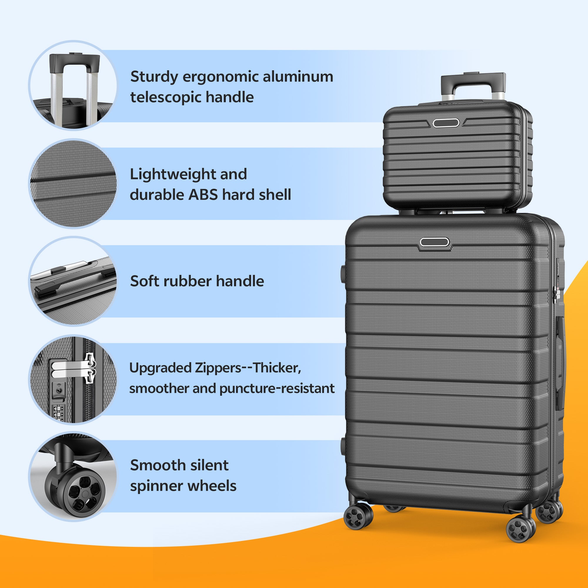 AQUGOKS 11 Piece Luggage Sets,14/20/24/28 inch Hardside Lightweight ABS Suitcase With Packing Cubes, Wet & Dry Separation (Black)