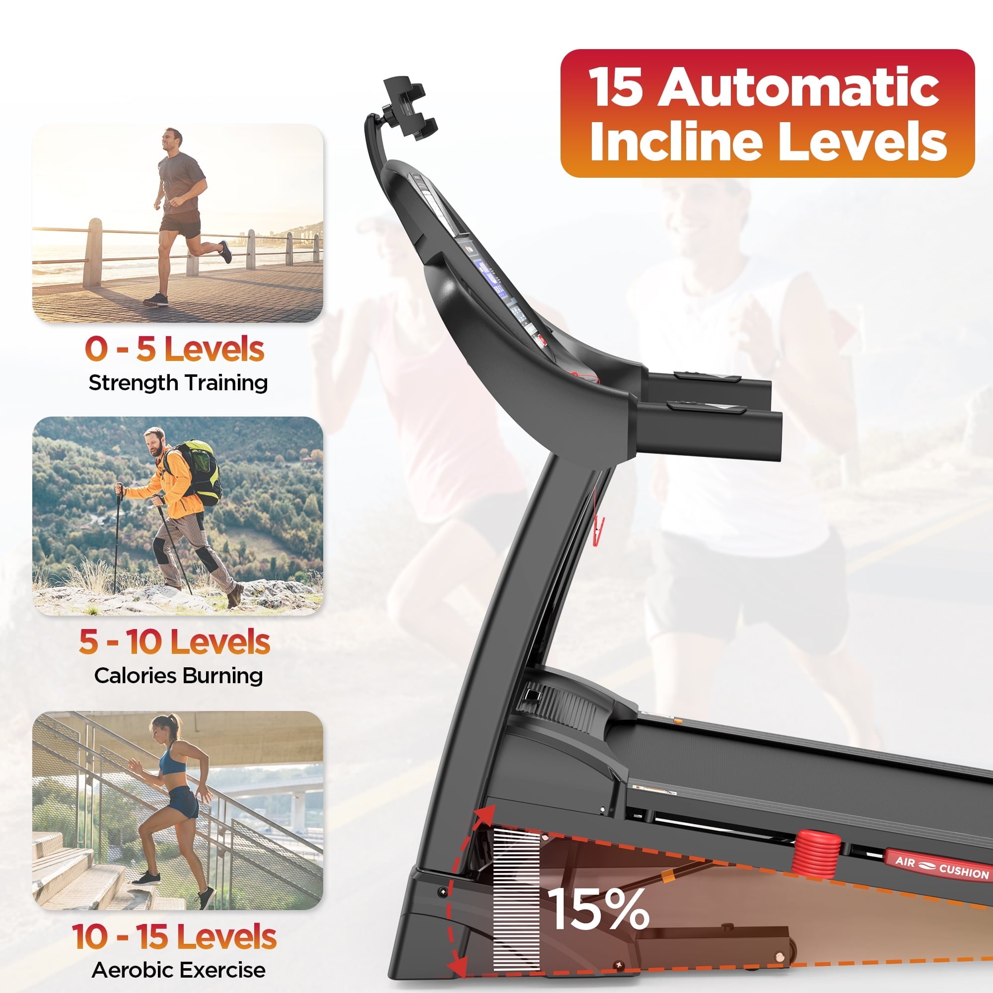Campmoy 15% Auto Incline Treadmill 4.75HP, 300LB Treadmill for Home, Foldable Running Walking Machine w/ APP Control, 71 Programs for Varied intensity workouts, 10MPH Fast Speed, Dual HiFi Bluetooth Speakers