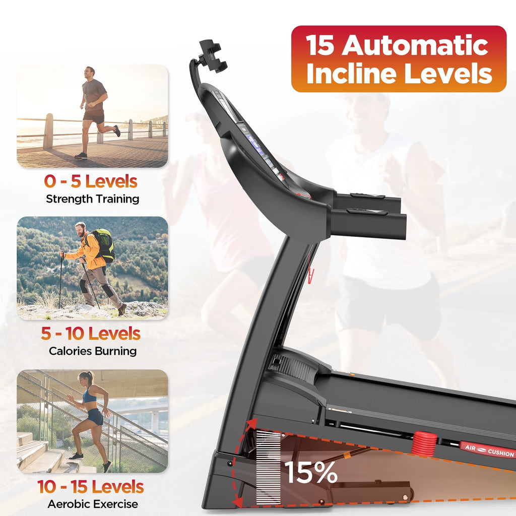 FaayFian  15 % Auto Incline Treadmill, 5.05HP Foldable Treadmill for Home 300Lbs Capacity, Interactive Workouts Via App, 64+7 Programs, Thickened Dual-layer Deck, Portable Treadmill Machine for Walking Running