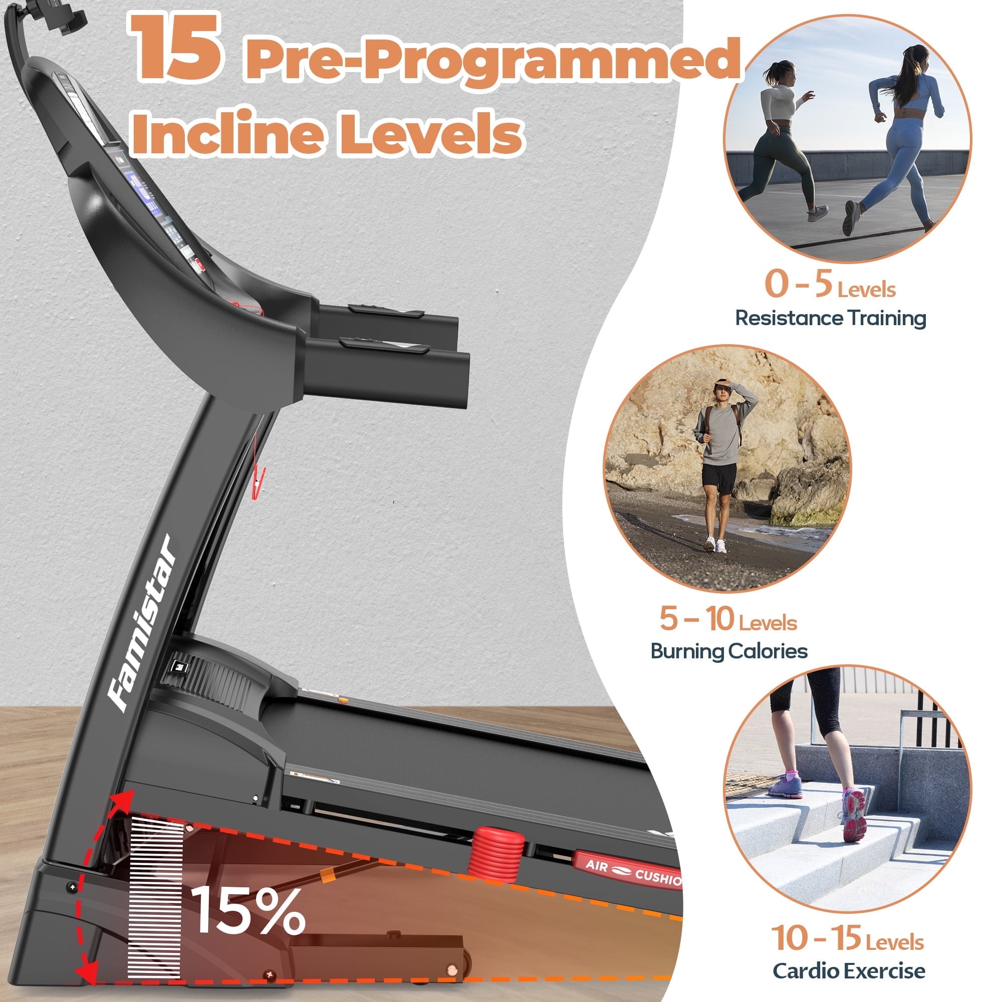 Famistar 5HP Foldable Treadmill w/ 15% Auto Incline, 400LB Treadmill for Home Jogging Walking, Personalized App Control, 71 Programs,10MPH Fast Speed for Varied Workout Intensity, Shock Absorption Dual Deck
