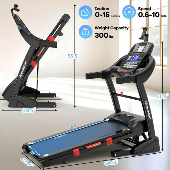 Famistar 15% Auto Incline Treadmill, 4.95HP Folding treadmill 300-400lb Capacity, 71 Smart Program, 10MPH Fast Speed, APP Control for Personalized Workout, Jogging Walking Home Treadmill w/ HiFi Speakers
